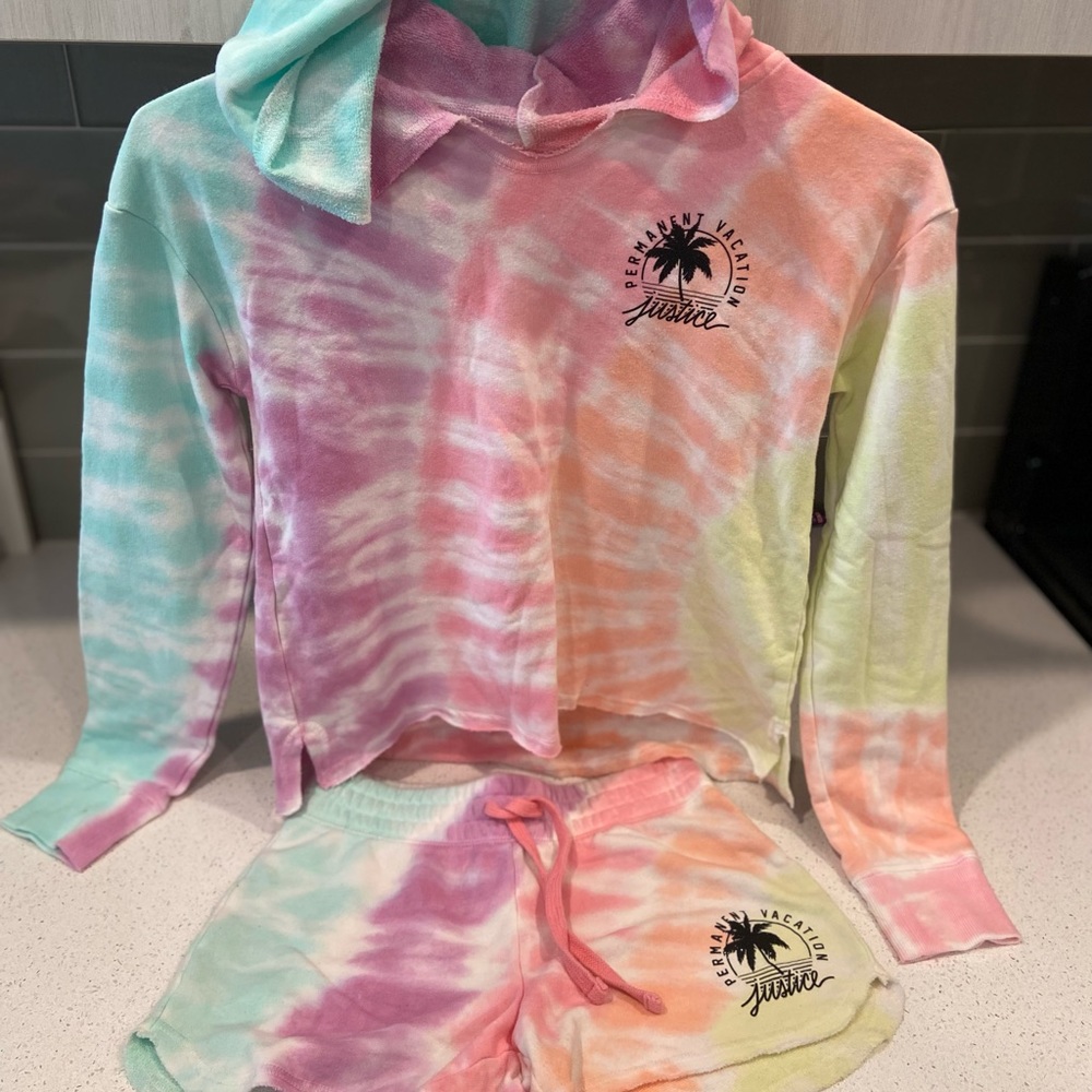 Rainbow tie dye Justice sweatshirt/shorts set
